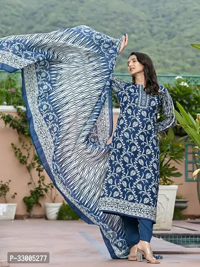 Stylish Blue Rayon Printed Kurta Bottom and Dupatta Set For Women-thumb4