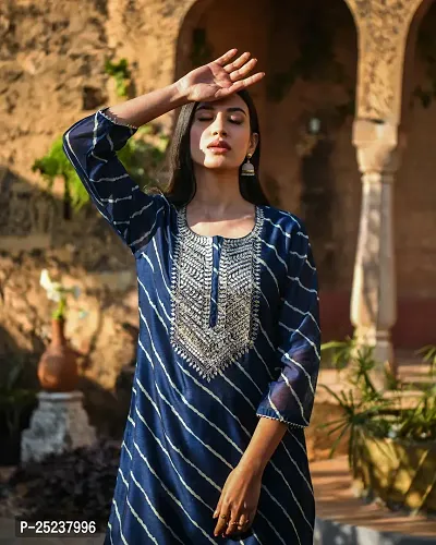 Designer Womens Navy Blue Cotton Blend Embroidered Kurta With Palazzos and Dupatta-thumb3