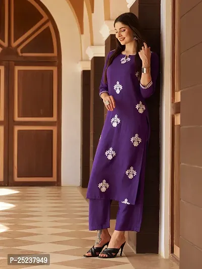 Designer Womens Purple Cotton Blend Straight Printed Kurta With Palazzos and Dupatta-thumb3