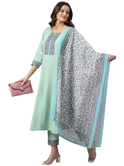 Stylish Cotton Straight Printed Kurta With Pant And Dupatta Set