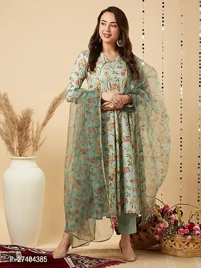 Attractive Green Printed Cotton Blend Gown Kurta Pant Set With Dupatta