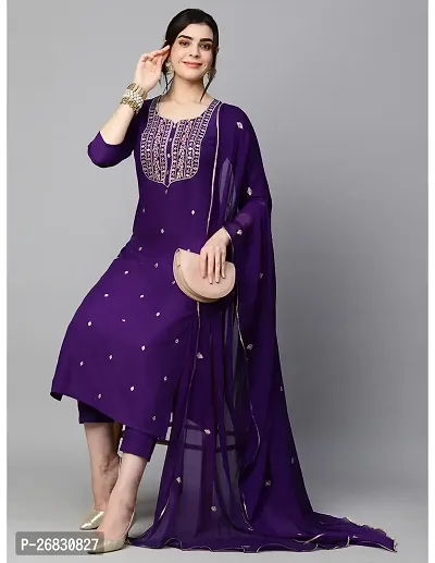 Straight Purple Embroidered Cotton Blend Kurta, Bottom and Dupatta Set For Women-thumb0