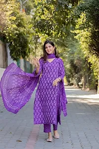 Attractive Purple Printed Cotton Blend Straight Kurta Pant Set With Dupatta-thumb2