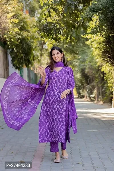 Attractive Purple Printed Cotton Blend Straight Kurta Pant Set With Dupatta-thumb3