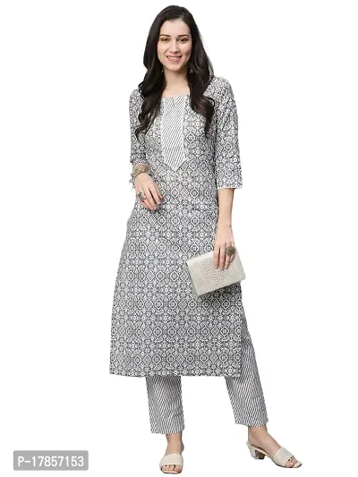 Stylish Womens Cotton Blend Printed Straight Kurta With Pant