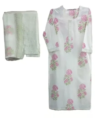 Stylish Cotton Straight Printed Kurta With Pant And Dupatta Set