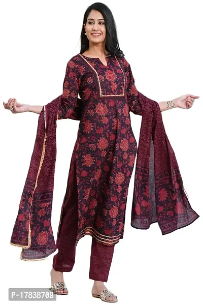 Stylish Womens Cotton Blend Printed Straight Kurta With Pant And Dupatta-thumb0