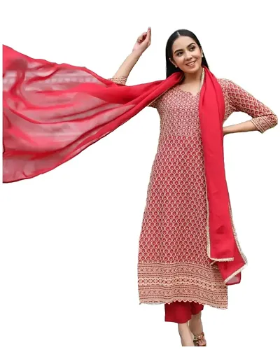 Stylish Womens Blend Embroidered Straight Kurta With Pants And Dupatta