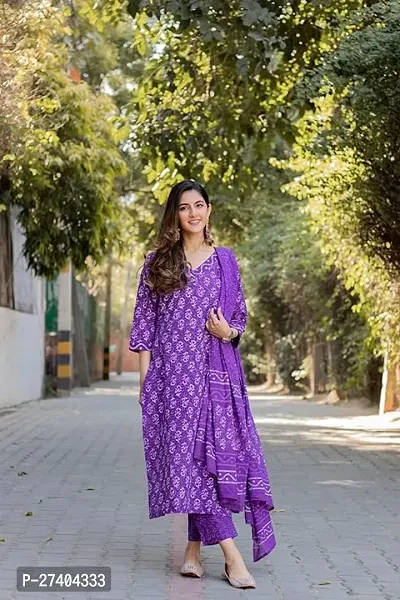 Attractive Purple Printed Cotton Blend Straight Kurta Pant Set With Dupatta-thumb0