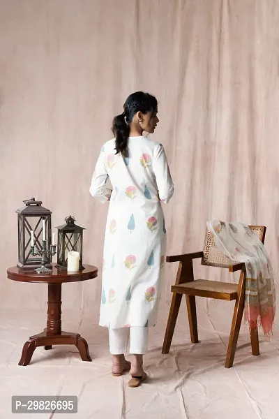 Elegant White Printed Cotton Blend Kurta with Pant And Dupatta Set For Women-thumb2