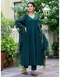 Anarkali Teal Solid Cotton Blend Kurta, Bottom and Dupatta Set For Women-thumb2