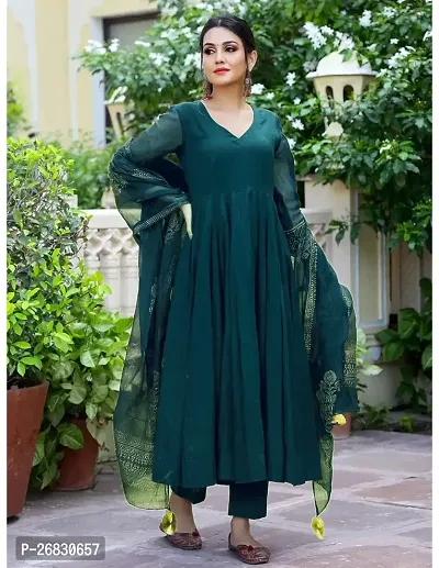 Anarkali Teal Solid Cotton Blend Kurta, Bottom and Dupatta Set For Women-thumb3