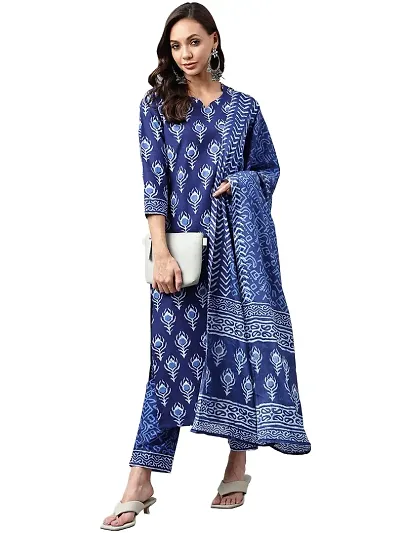 Stylish Cotton Straight Printed Kurta With Pant And Dupatta Set