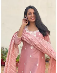 Straight Pink Embroidered Cotton Blend Kurta, Bottom and Dupatta Set For Women-thumb3