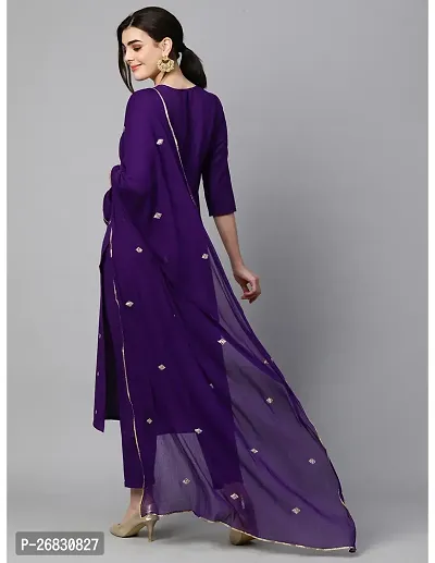 Straight Purple Embroidered Cotton Blend Kurta, Bottom and Dupatta Set For Women-thumb2