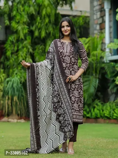 Stylish Brown Rayon Floral Kurta Bottom and Dupatta Set For Women-thumb0