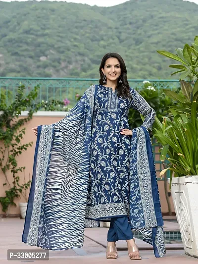 Stylish Blue Rayon Printed Kurta Bottom and Dupatta Set For Women-thumb0