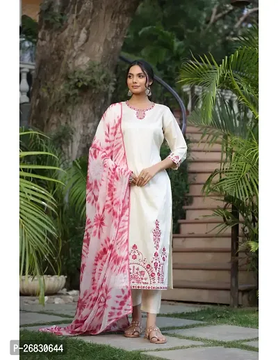 Straight Cream Embroidered Cotton Blend Kurta, Bottom and Dupatta Set For Women-thumb0