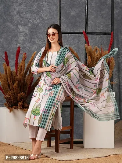 Elegant Multicoloured Printed Cotton Blend Kurta with Pant And Dupatta Set For Women