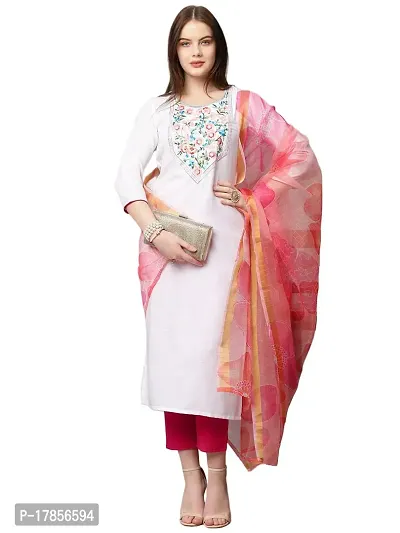 Stylish Womens Cotton Blend Solid Straight Kurta With Pant And With Dupatta-thumb0