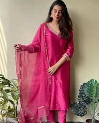 Designer Womens Pink Cotton Blend Solid Straight Kurta With Trousers and Dupatta-thumb1