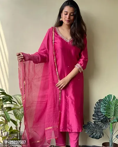 Designer Womens Pink Cotton Blend Solid Straight Kurta With Trousers and Dupatta-thumb2