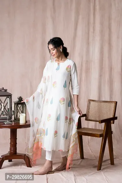 Elegant White Printed Cotton Blend Kurta with Pant And Dupatta Set For Women-thumb3