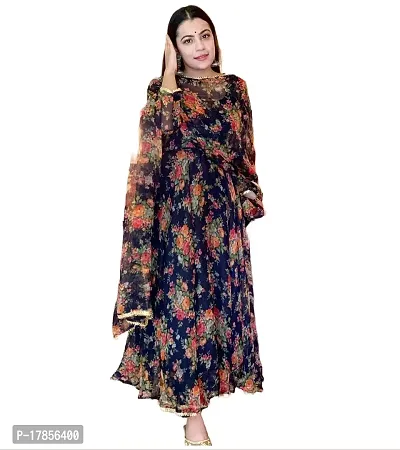 Stylish Womens Georgette Anarkali Printed Kurta With Pant And Dupatta-thumb0