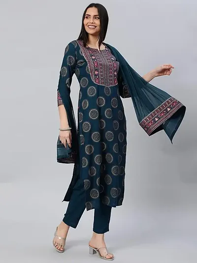 Stylish Cotton Blend Printed Kurta Bottom Dupatta Set