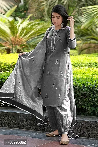 Stylish Grey Rayon Embroidered Kurta Bottom and Dupatta Set For Women-thumb0