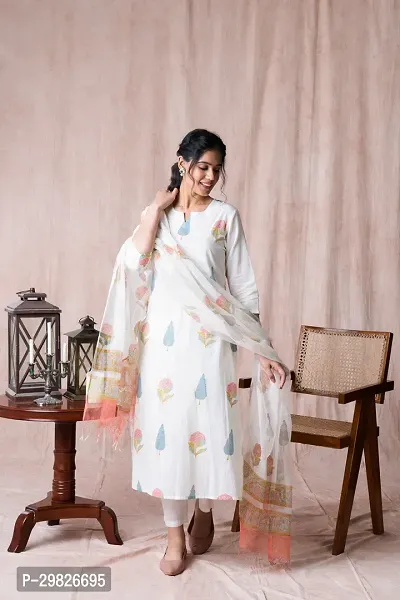 Elegant White Printed Cotton Blend Kurta with Pant And Dupatta Set For Women