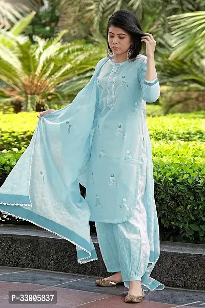 Stylish Blue Rayon Embroidered Kurta Bottom and Dupatta Set For Women