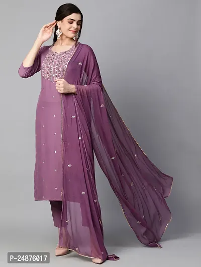 Stylish Poly Chiffon Purple Embroidered Kurta, Bottom and Dupatta Set For Women-thumb3