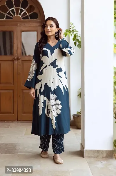 Stylish Blue Rayon Printed Kurta Bottom Set For Women-thumb0