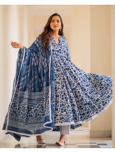 Stylish Cotton Blend Anarkali Printed Kurta With Bottom and Dupatta Set