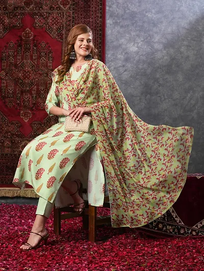 Stylish Rayon Printed Straight Kurtis with Bottom And Dupatta Set