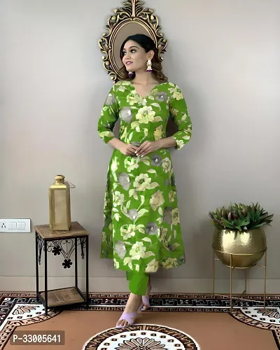 Stylish Green Rayon Floral Kurta Bottom Set For Women-thumb0