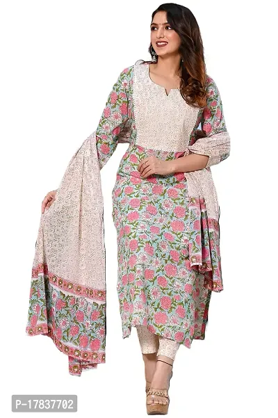 Stylish Womens Cotton Blend Staright Printed Kurta With Pant And Dupatta