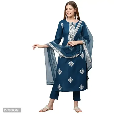 ANNI DESIGNER Women's Cotton Blend Straight Embroidered Kurta with Pant &amp; Dupatta (Weekend-New)-thumb0