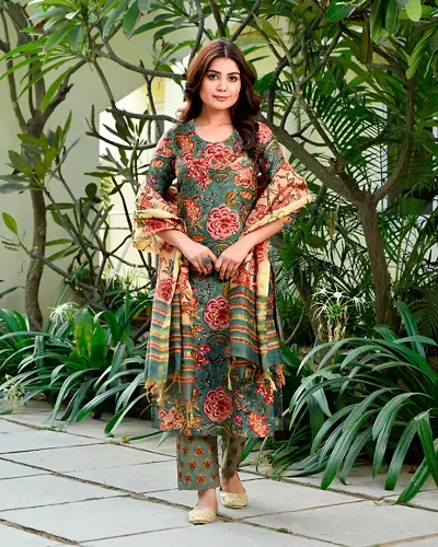 Straight Printed Cotton Blend Kurta, Bottom and Dupatta Set For Women