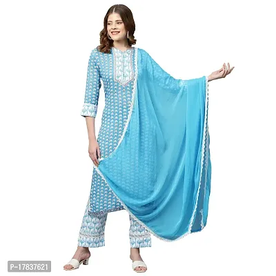 Stylish Womens Cotton Blend Straight Printed Kurta With Pant And Dupatta-thumb0