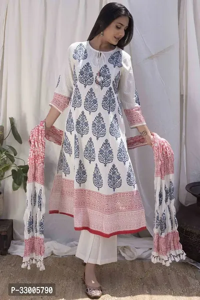 Stylish White Rayon Printed Kurta Bottom and Dupatta Set For Women-thumb0