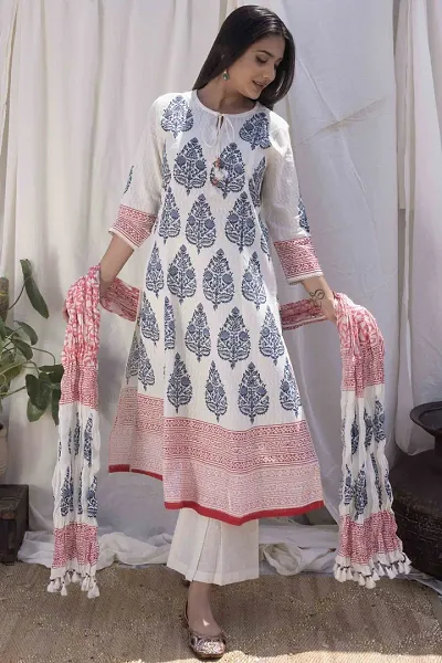 Stylish Rayon Printed A-Line Kurtis with Bottom And Dupatta Set