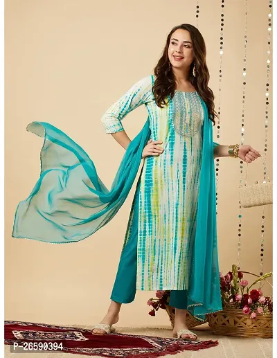 Trendy Blue Printed Cotton Blend Straight Kurta Pant With Dupatta-thumb0