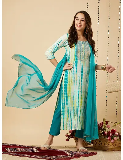 Stylish Rayon Printed A-Line Kurtis Bottom and Dupatta Set