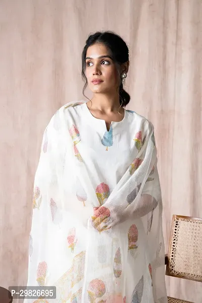 Elegant White Printed Cotton Blend Kurta with Pant And Dupatta Set For Women-thumb4