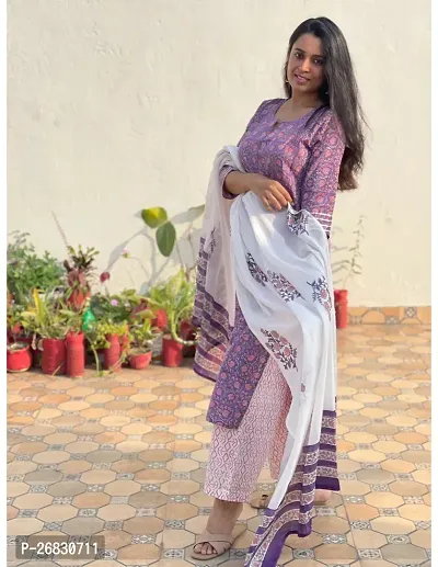 Straight Multicoloured Printed Cotton Blend Kurta, Bottom and Dupatta Set For Women-thumb2