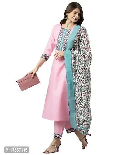 Multicolour Straight Cotton Blend Kurti Pant Dupatta Set for Women