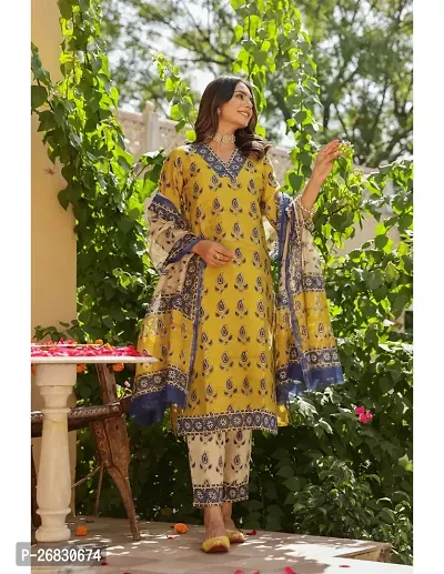 Straight Mustard Printed Cotton Blend Kurta, Bottom and Dupatta Set For Women-thumb4