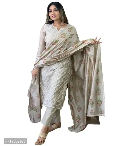 Stylish Womens Cotton Blend Embroidered Straight Kurta With Pant And Dupatta